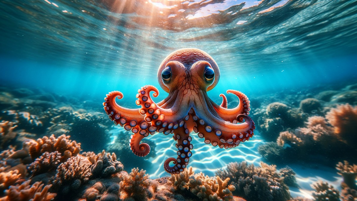 綺麗なタコ、海中に浮かんでいる