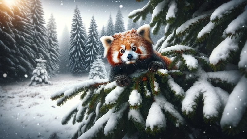 Red-panda-playfully-peeking-from-the-top-branches-of-a-snow-covered-fir-tree レッドパンダとは【由来、立つ理由、スカンクとの関係】