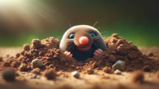 地中からどこからともなく顔を出したモグラ、かわいい