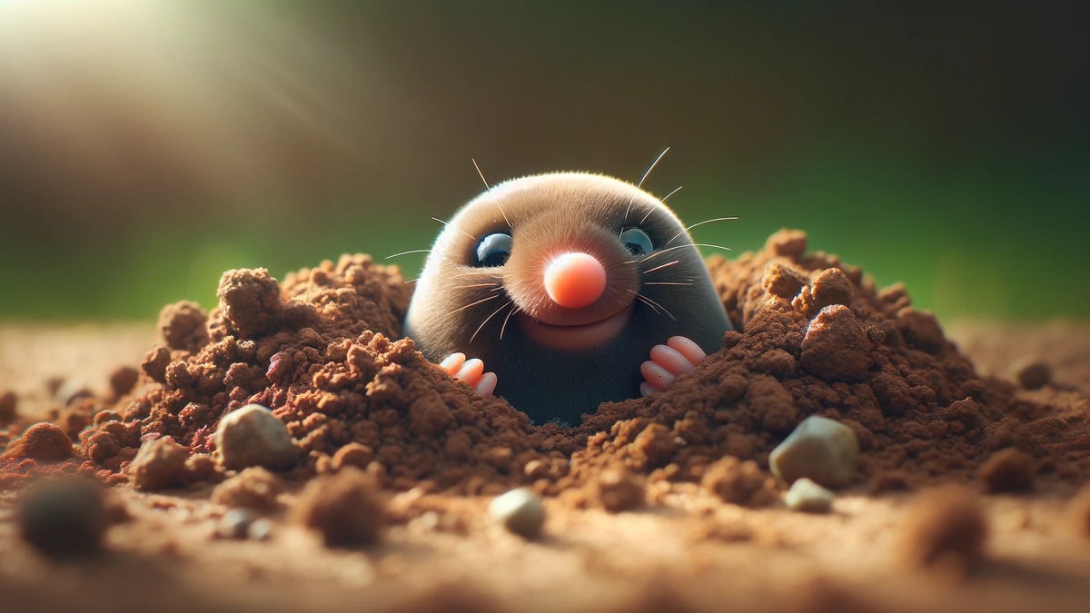 地中からどこからともなく顔を出したモグラ、かわいい