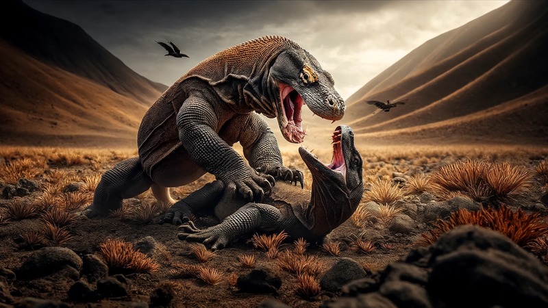 large-Komodo-dragon-attempting-to-prey-on-a-slightly-smaller-Komodo-dragon コモドドラゴンの雑学 寿命は?大きさは?毒もあるの?