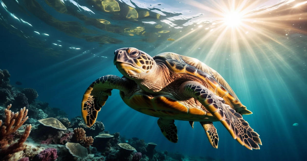 海を泳ぐウミガメの姿。日光が差し込んでいる