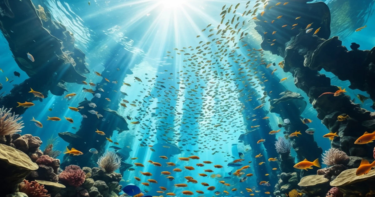 水族館の巨大水槽を見上げている光景