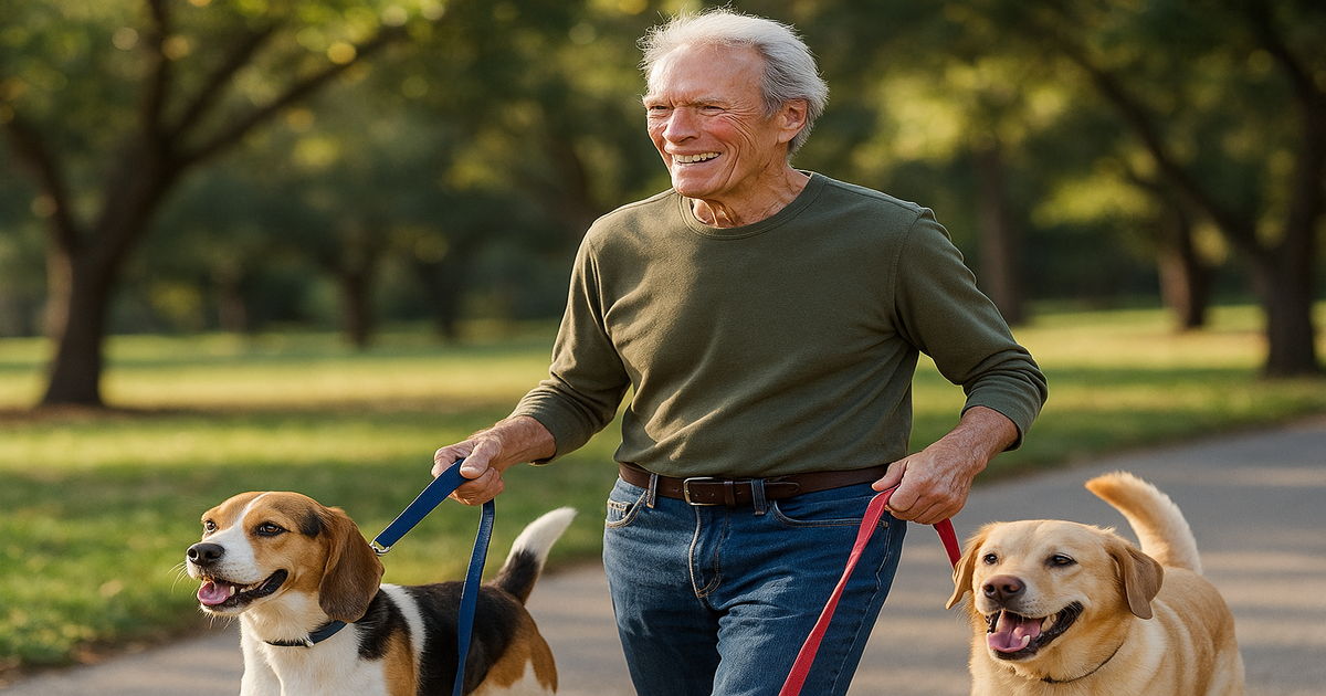 ペットの犬を連れた生き生きとした高齢者